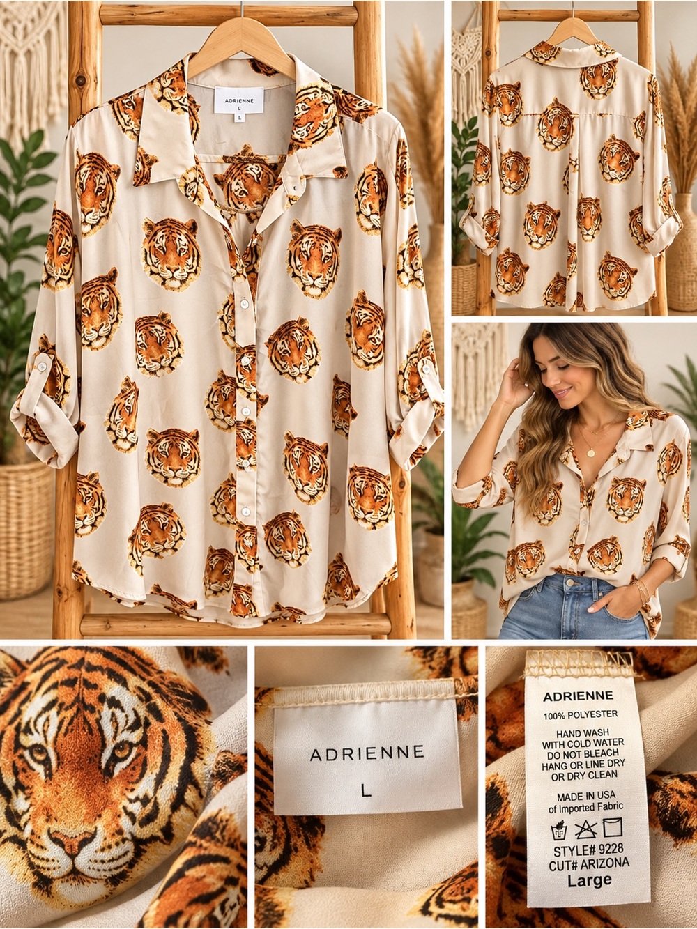 Adrienne Cream Tiger Head Print Button-Down Shirt